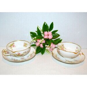 Vintage French Country Shabby Chic Tea for Two Pink with Gold Cups & Saucers